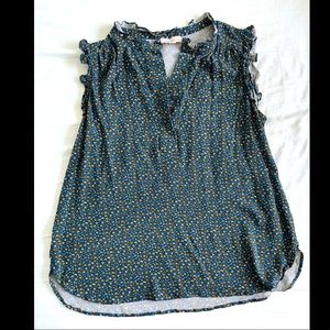 Loft Floral Ruffle Henley Shell in Riviera Blue